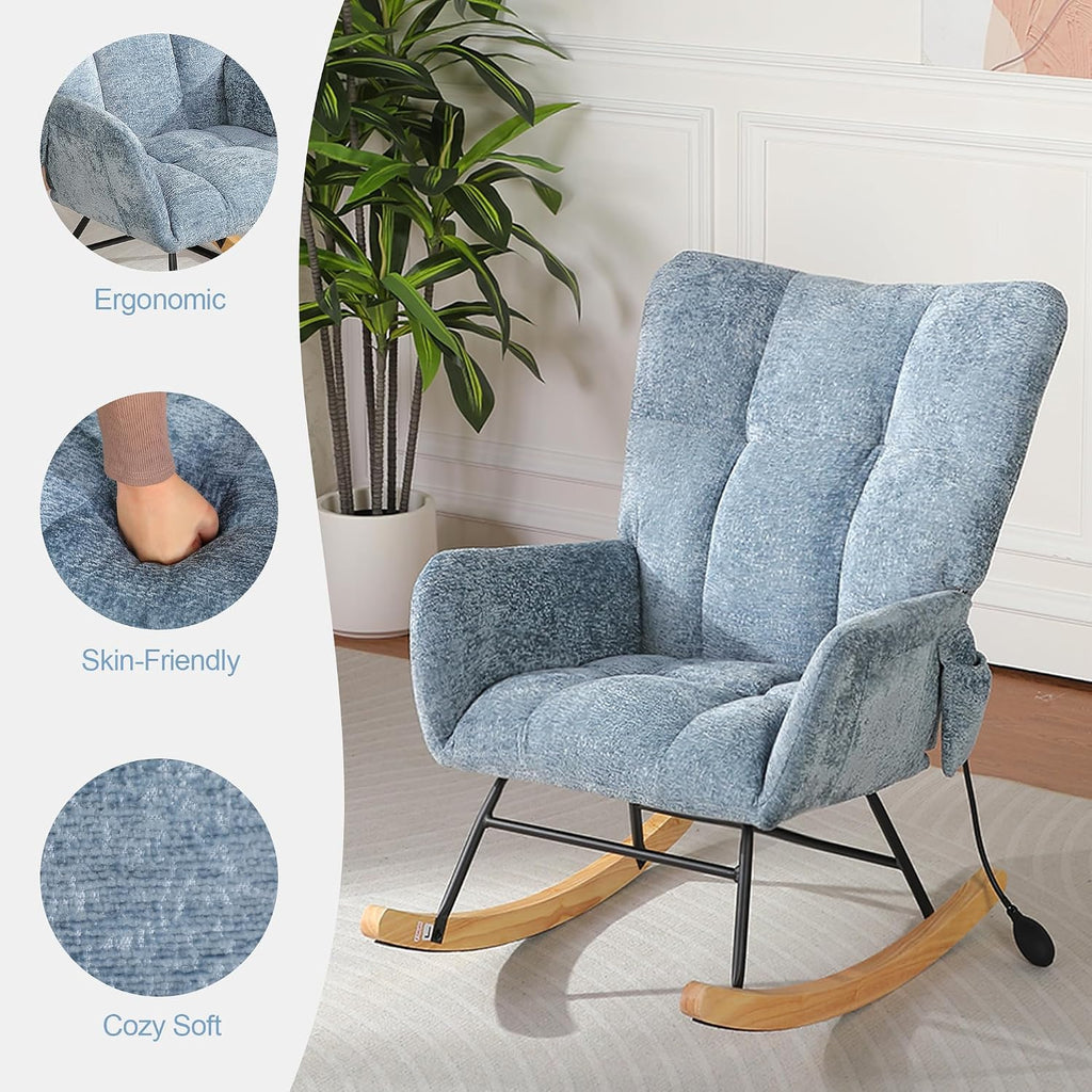 Rocking Chair Nursery with Airbag, Comfy Modern Nursery Rocking Reading Chair Indoor, Cozy Upholstered Glider Rocker Chairs for Living Room Bedroom Offices, (Chenille, Blue)
