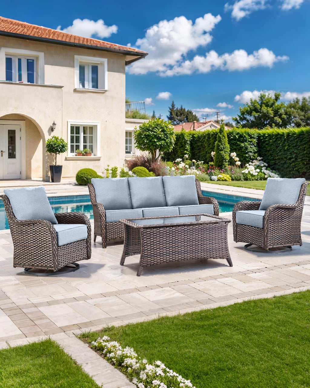 Luxury 22x24/22x25 6-Inch Outdoor Chair Cushions Set of 4 - Heavy Duty Water-Resistant Comfortable Cushion for Patio Furniture Dining Gliding Rocker Loveseat L-Shape Sofa - Baby Blue