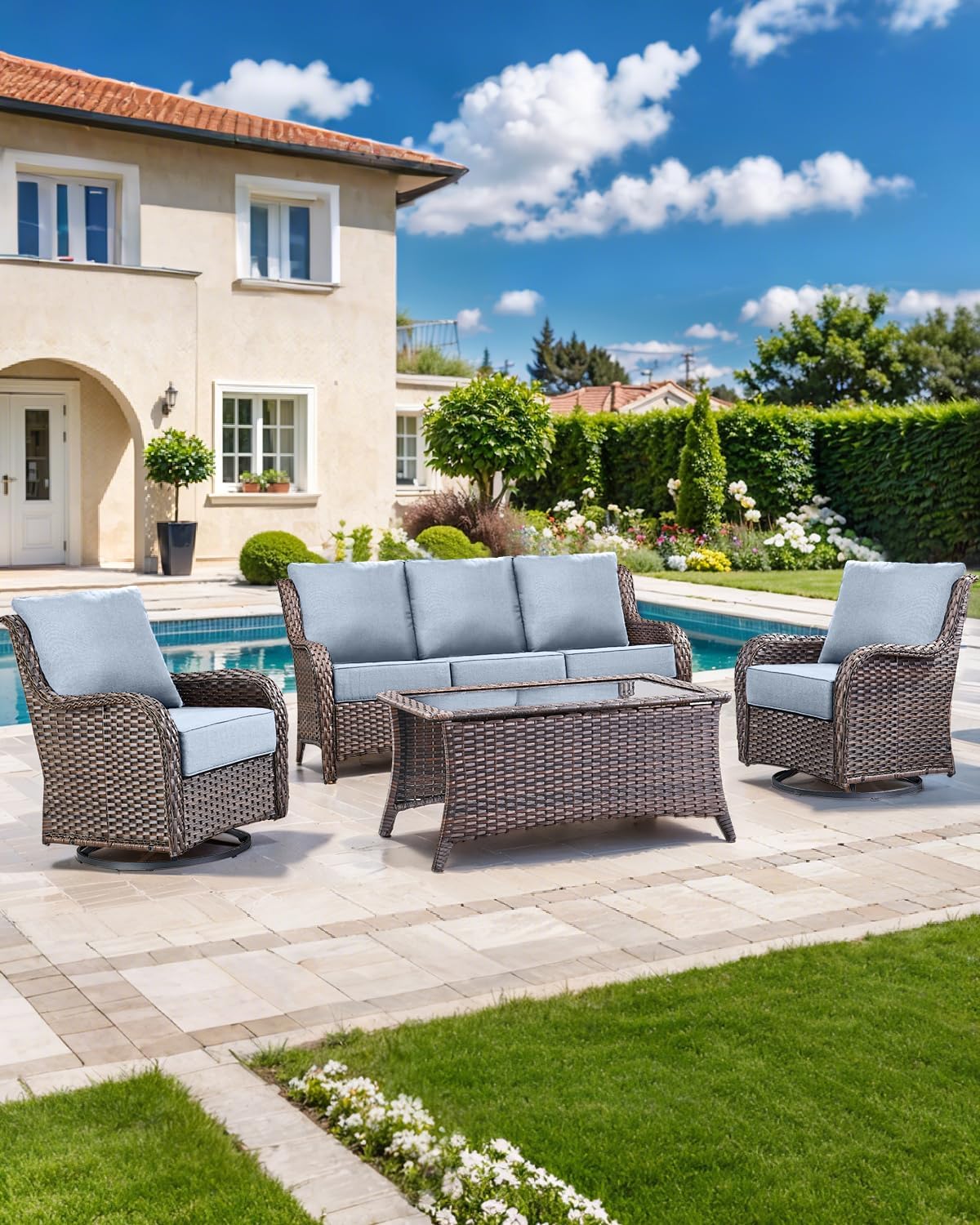 Luxury 22x24/22x25 6-Inch Outdoor Chair Cushions Set of 4 - Heavy Duty Water-Resistant Comfortable Cushion for Patio Furniture Dining Gliding Rocker Loveseat L-Shape Sofa - Baby Blue