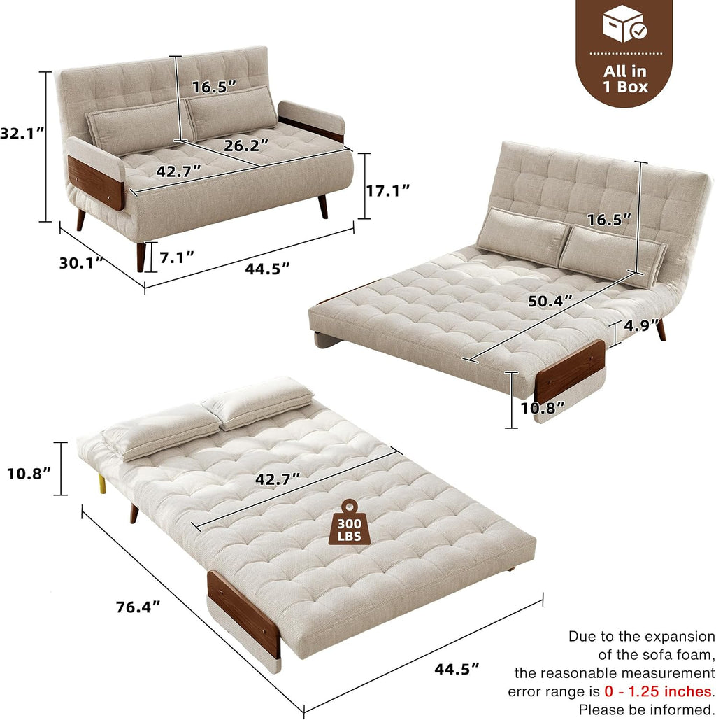 JASIWAY Convertible Sleeper Chair Bed for Adults, 3 in 1 Linen Convertable Futon Chair with Pillow, Fold Out Single Sleeper Couch Guest Bed for Small Spaces, Bedroom Mid-century with Walnut Arm, 43.3'