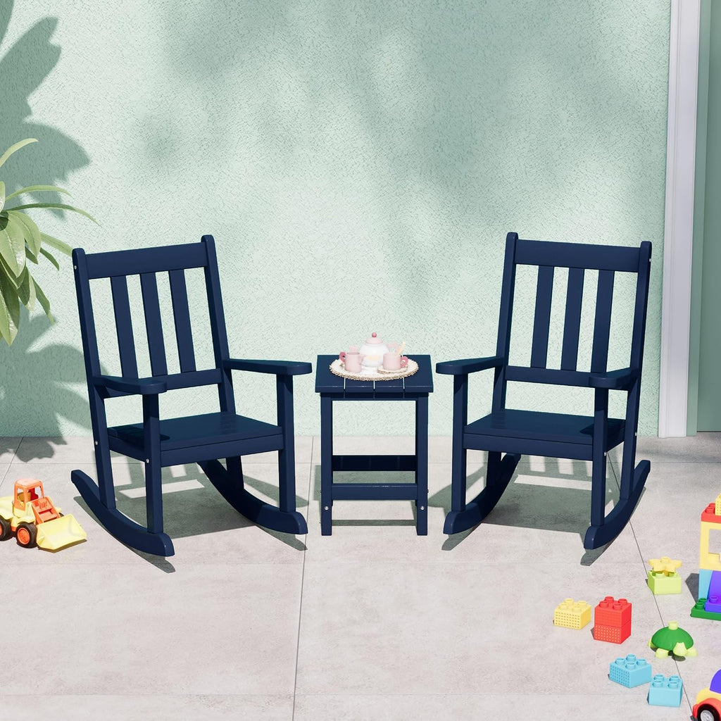 WestinTrends Malibu 3-Piece Kids Outdoor Rocking Chairs Set with Kids Square Side Table, Navy Blue