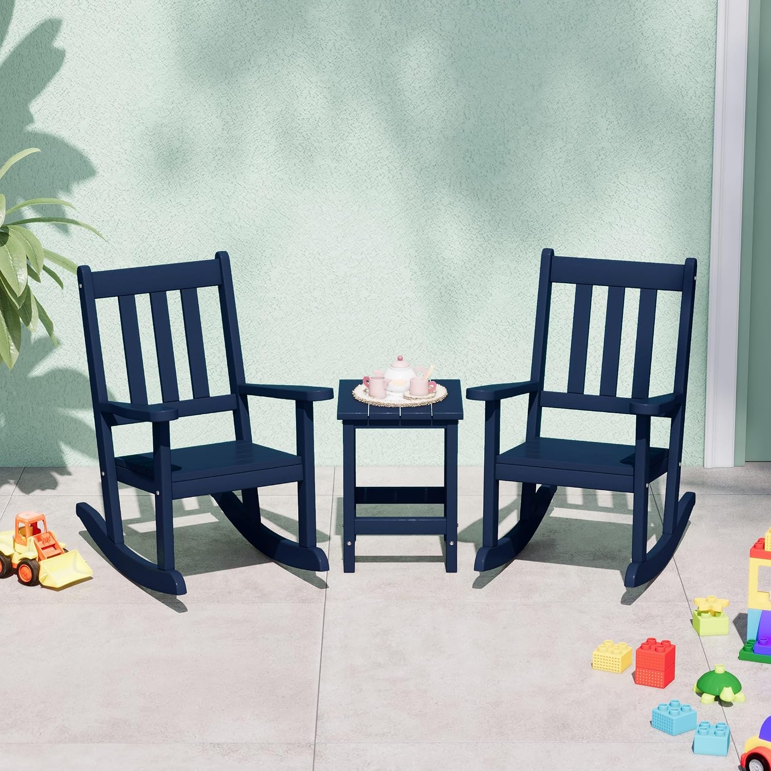 WestinTrends Malibu 3-Piece Kids Outdoor Rocking Chairs Set with Kids Square Side Table, Navy Blue