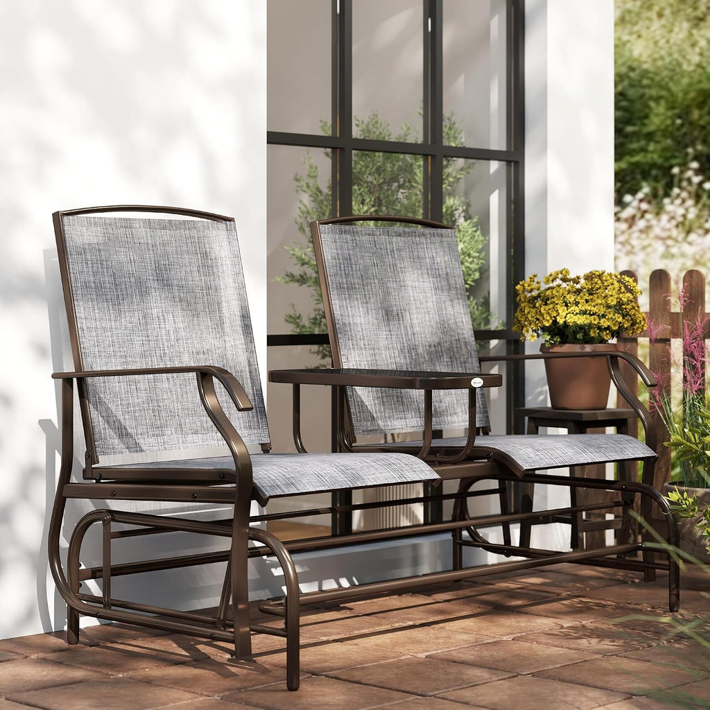 Outsunny Outdoor Glider Bench with Center Table, Metal Frame Patio Loveseat with Breathable Mesh Fabric and Armrests for Backyard Garden Porch, Gray