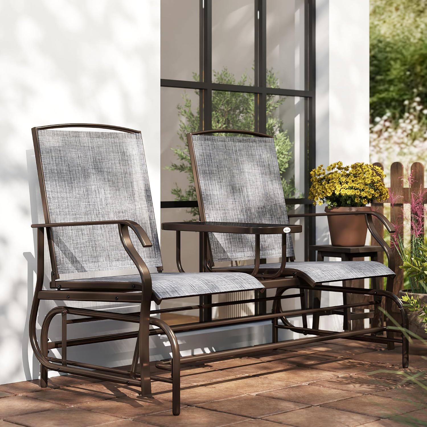 Outsunny Outdoor Glider Bench with Center Table, Metal Frame Patio Loveseat with Breathable Mesh Fabric and Armrests for Backyard Garden Porch, Gray
