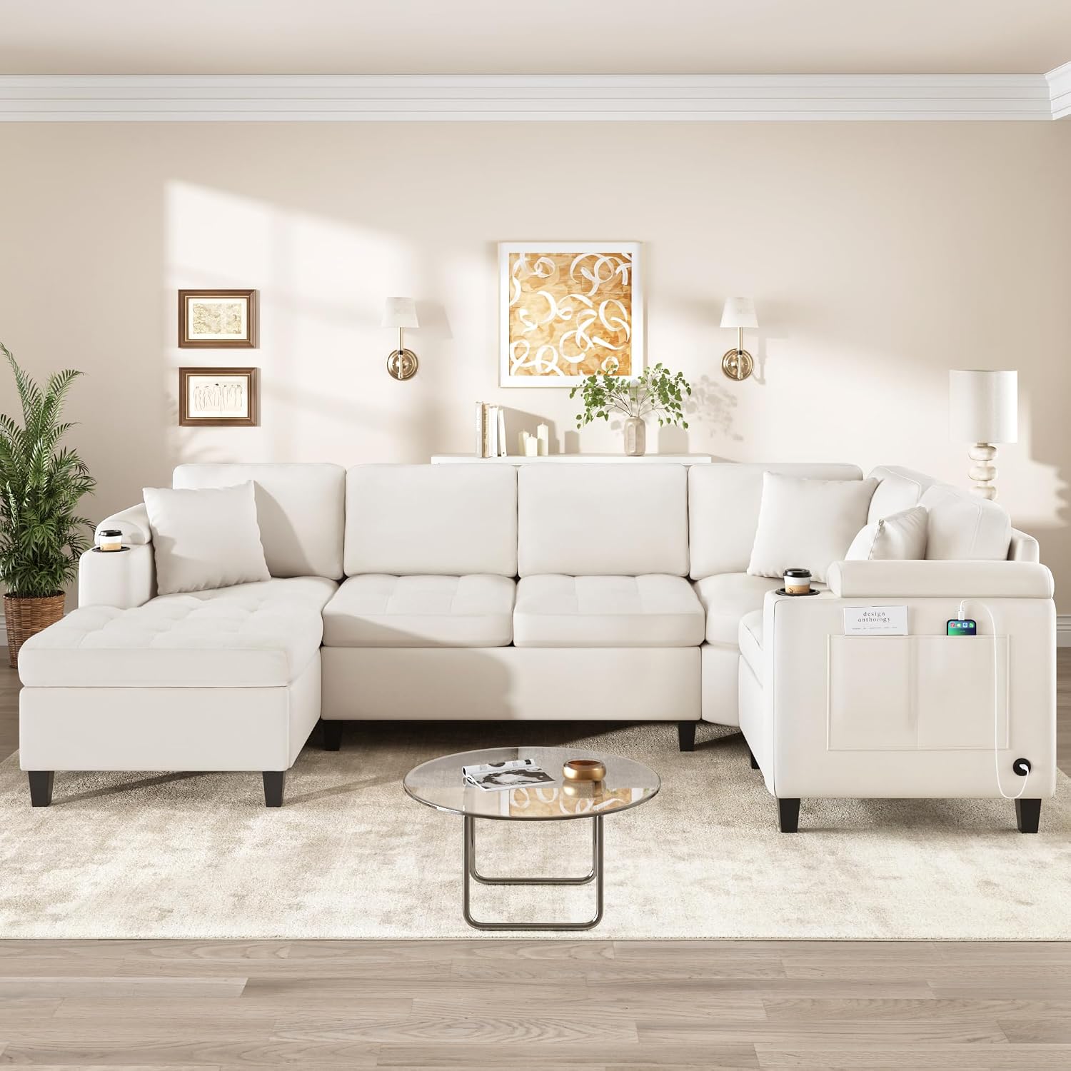 Eafurn Oversized U Shaped Sectional Sofa Tufted Couch w/Left Chaise, 6-Seater Chenille Convertible Corner Couches w/Cup Holders, Storage Armrest and USB Ports