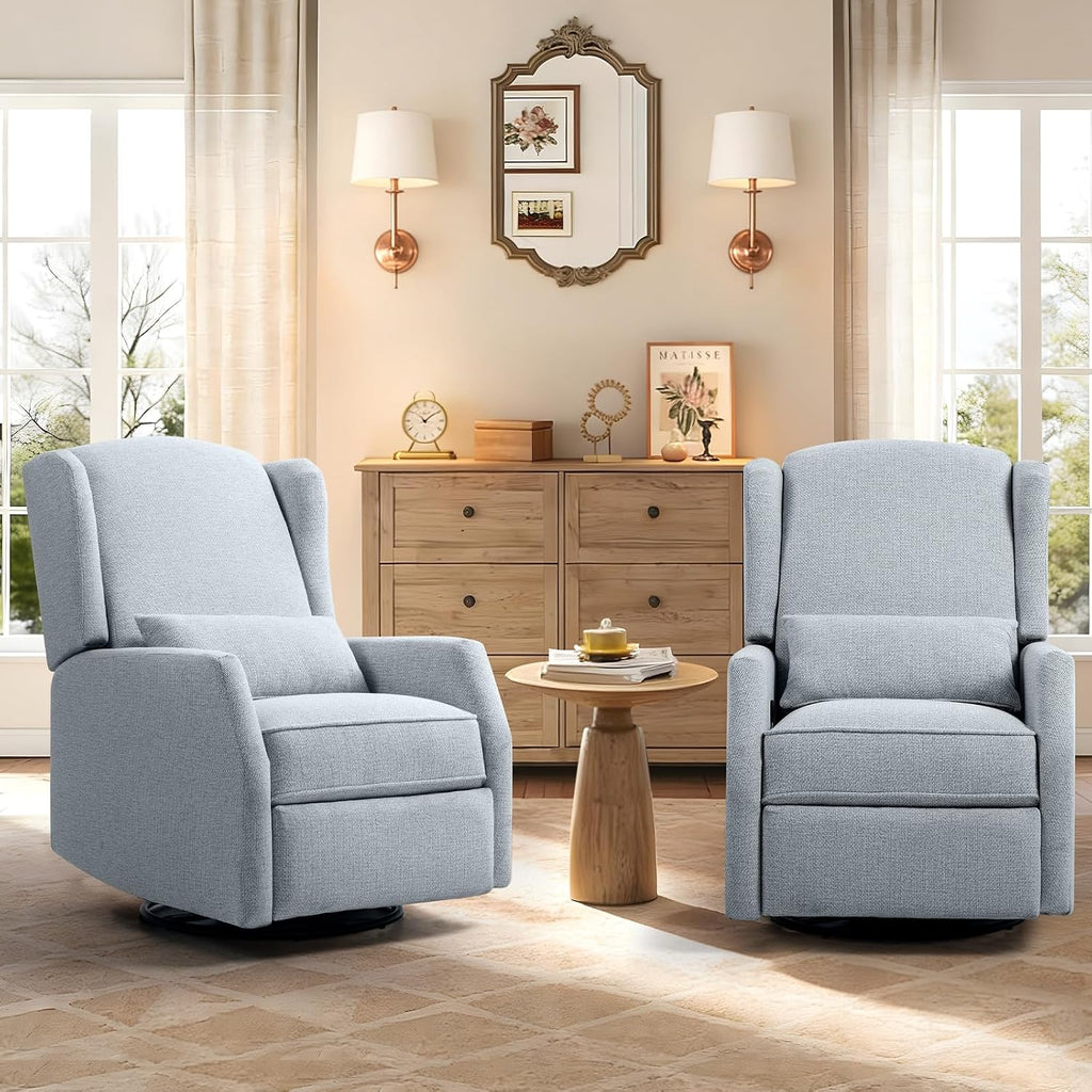 Nursery Swivel Glider Recliner Chair with Segmented Footrest, Modern 360° Rocking Manual Motion Sofa with Lumbar Pillow, Detachable Wings & Armrest for Living Room, Bedroom (LightGray)