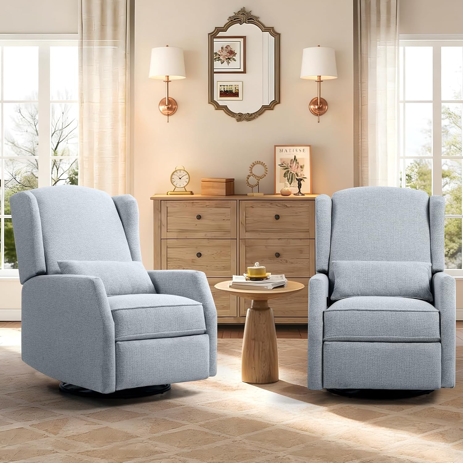 Nursery Swivel Glider Recliner Chair with Segmented Footrest, Modern 360° Rocking Manual Motion Sofa with Lumbar Pillow, Detachable Wings & Armrest for Living Room, Bedroom (LightGray)