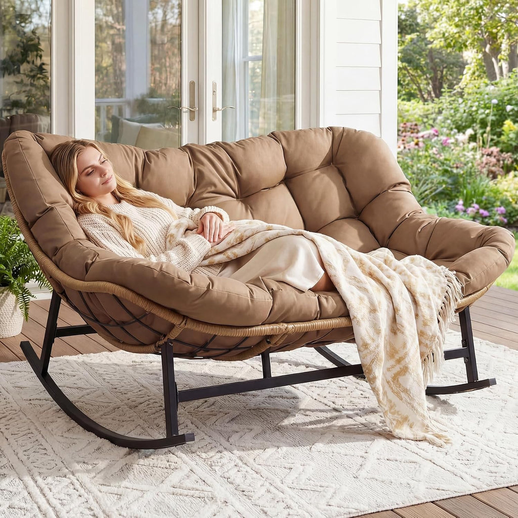 NICESOUL Patio Papasan Rocking Chair for 2, Indoor Outdoor Double Egg Recliner Rocker w/Padded Cushion, Large Wide Oversized Rattan Lounge Glider for Living Room Balcony Inside Outside, Brown