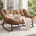 NICESOUL Patio Papasan Rocking Chair for 2, Indoor Outdoor Double Egg Recliner Rocker w/Padded Cushion, Large Wide Oversized Rattan Lounge Glider for Living Room Balcony Inside Outside, Brown