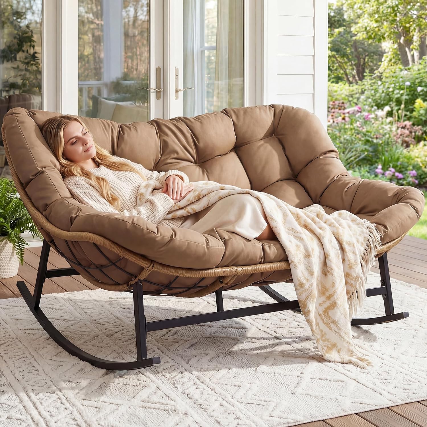 NICESOUL Patio Papasan Rocking Chair for 2, Indoor Outdoor Double Egg Recliner Rocker w/Padded Cushion, Large Wide Oversized Rattan Lounge Glider for Living Room Balcony Inside Outside, Brown