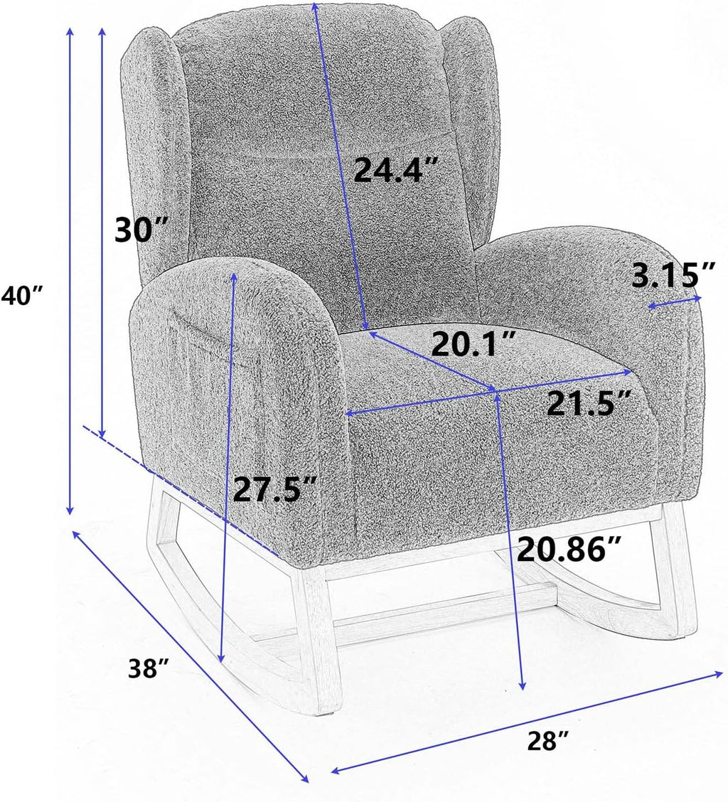 Antetek Rocking Glider Chair for Nursery, Wingback Teddy Upholstered Rocker Chair with High Backrest, Modern Indoor Accent Reading Arm Chair for Living Room, Hotel, Bedroom, Baby Room, Ivory