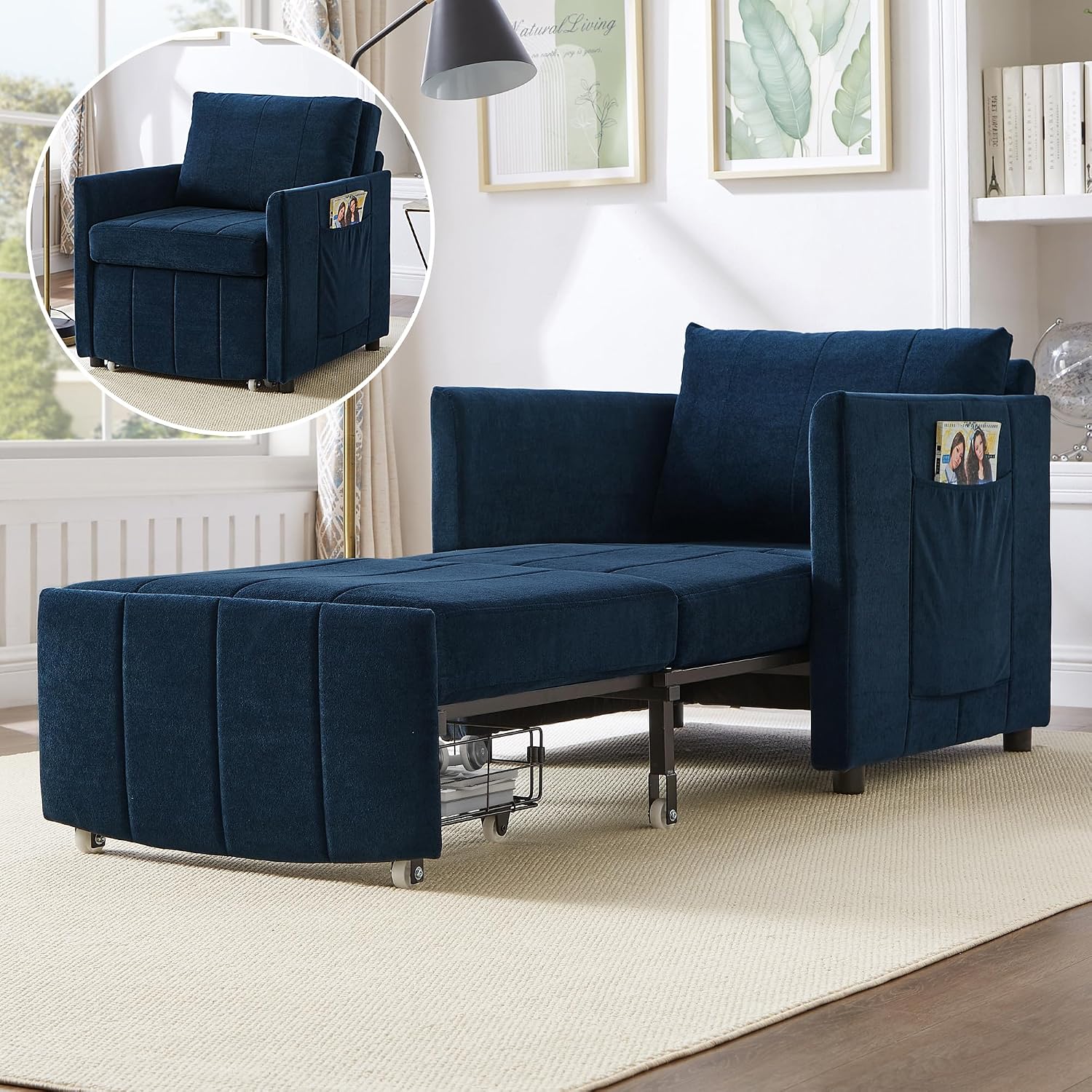 Merax Convertible Chair Bed with a Storage Basket, 3-in-1 Pull Out Sleeper Couch with 5-Position Adjustable Backrest, Linen Folding Sofa Bed for Living Room, Apartment Blue