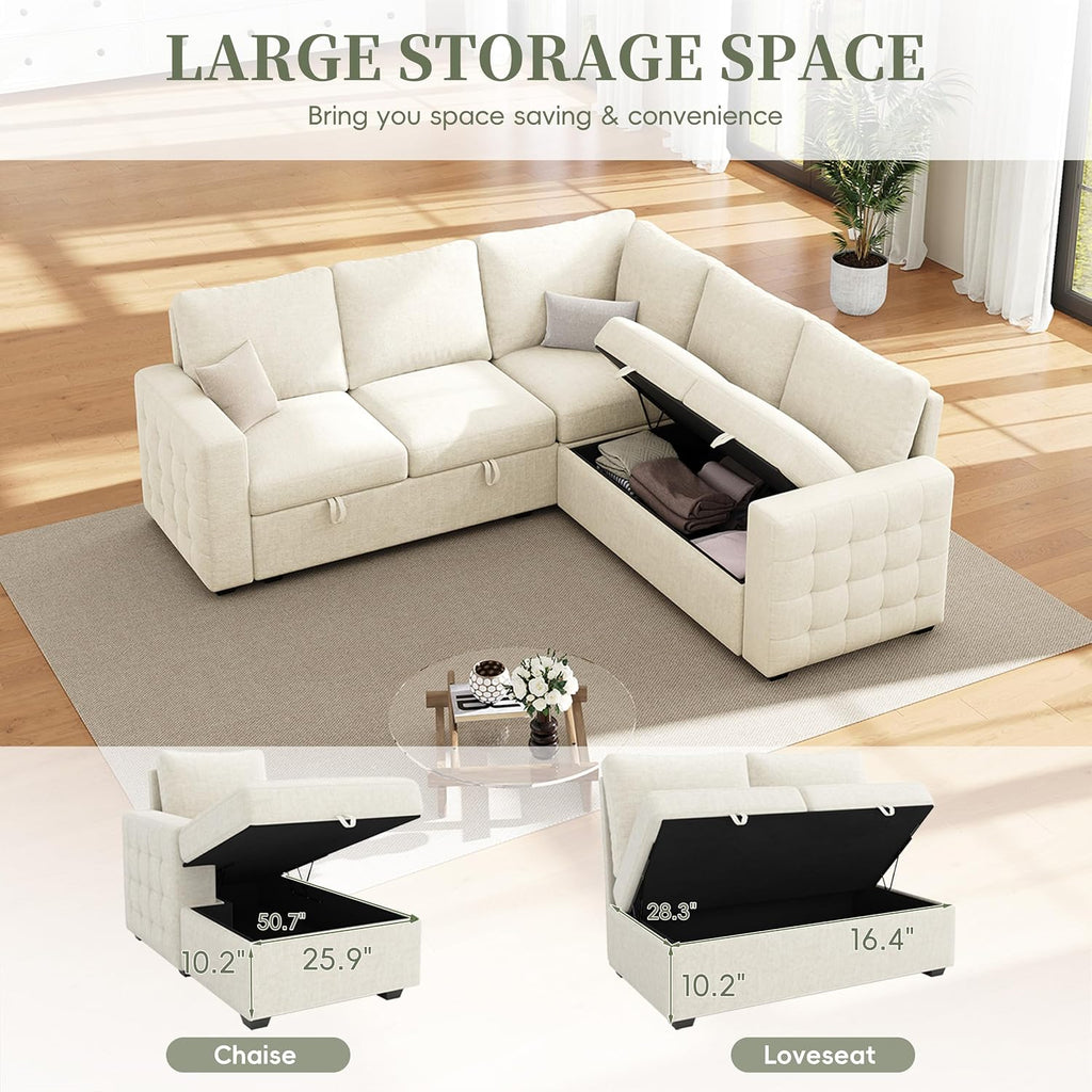 86' Sectional Sleeper Sofa Bed, Sleeper Couch with Pull out Bed, L Shaped Couch with Storage, Modular Sectional Sofa， Sectional Couches for Living Room&Apartment, Convertible Sofas, Beige Couches