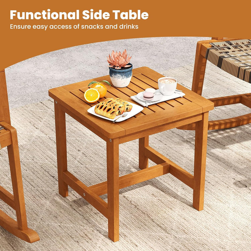 Tangkula 3 Piece Patio Rocking Set, Acacia Wood Rocker Bistro Set w/Rattan Seat & Back, 2 Outdoor Armchairs w/Square Side Table for Porch, Balcony, Backyard
