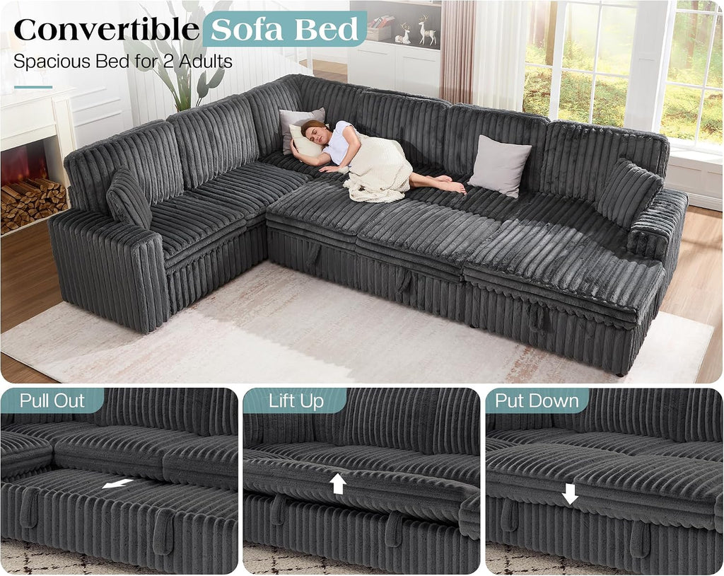 VanAcc 130' Sofa Bed, Sectional Sleeper Sofa with Pull Out Bed, Sleeper Couch for Living Room, 6 Seater Couch with Storage, Faux Fur Dark Grey