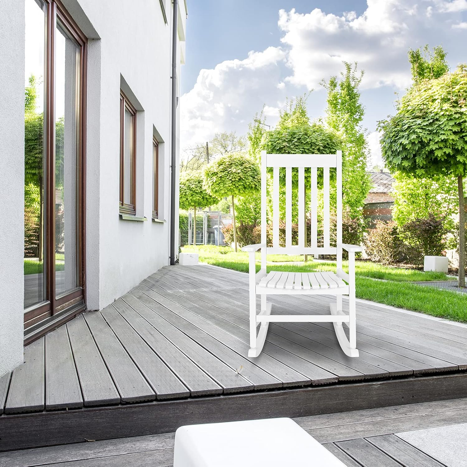 VINGLI 2PCS Wood Rocking Chairs Relaxing Rocker Real Wood High Back Seat for Deck, Garden, Backyard, Porch, Indoor or Outdoor Use, White