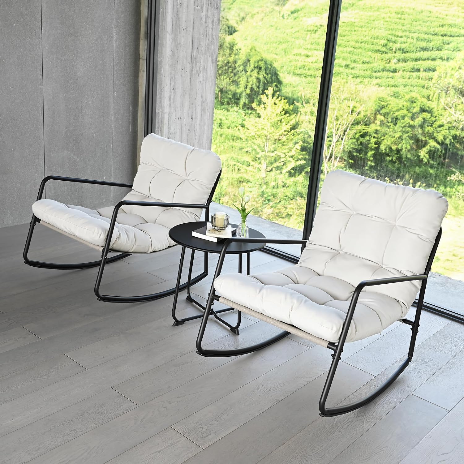 3-Piece Outdoor Rocking Chair Set with Side Table, Comfy Papasan Patio Lounge Chair, Metal Patio Bistro Furniture with Thick Cushions for Porch, Garden, Living Room (Beige)