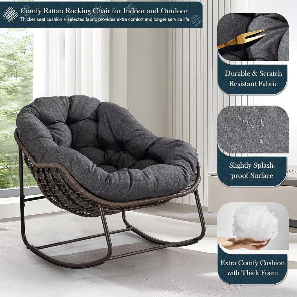 Outdoor Papasan Rocking Chair, Patio Oversized Wicker Egg Rocking Chair, Indoor & Outdoor Comfy Rocker Chair with Thick Cushion, Modern Lounge Chair for Front Porch, Garden, Backyard, Grey