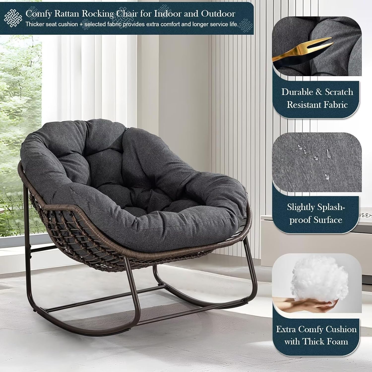 Outdoor Papasan Rocking Chair, Patio Oversized Wicker Egg Rocking Chair, Indoor & Outdoor Comfy Rocker Chair with Thick Cushion, Modern Lounge Chair for Front Porch, Garden, Backyard, Grey