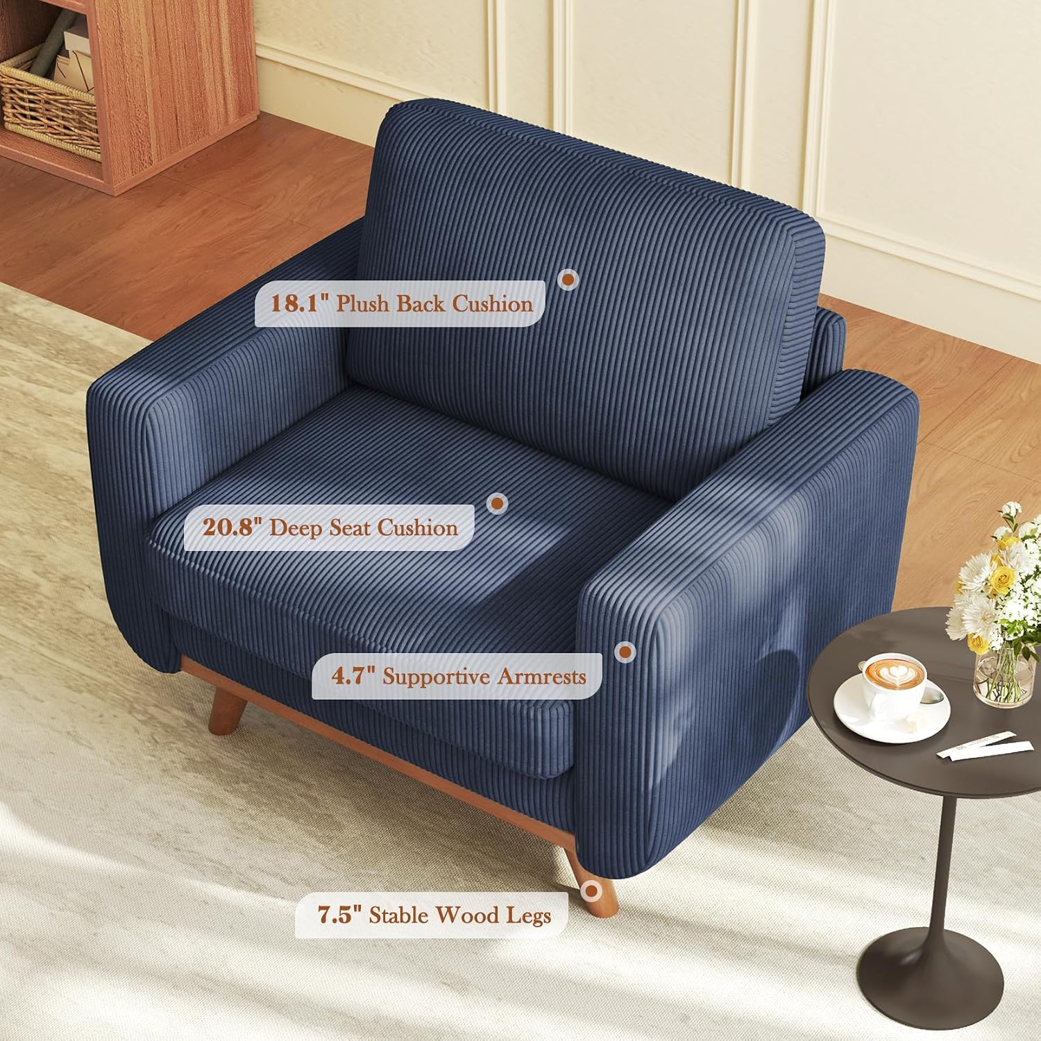 Vesgantti 38.5' Accent Chair Dark Blue, Comfy Corduroy Single Sofa Seat with Spring Cushion, Upholstered Armchair with Deep Seat, Reading Chair for Adults, Modern Sofa for Living Room, Bedroom