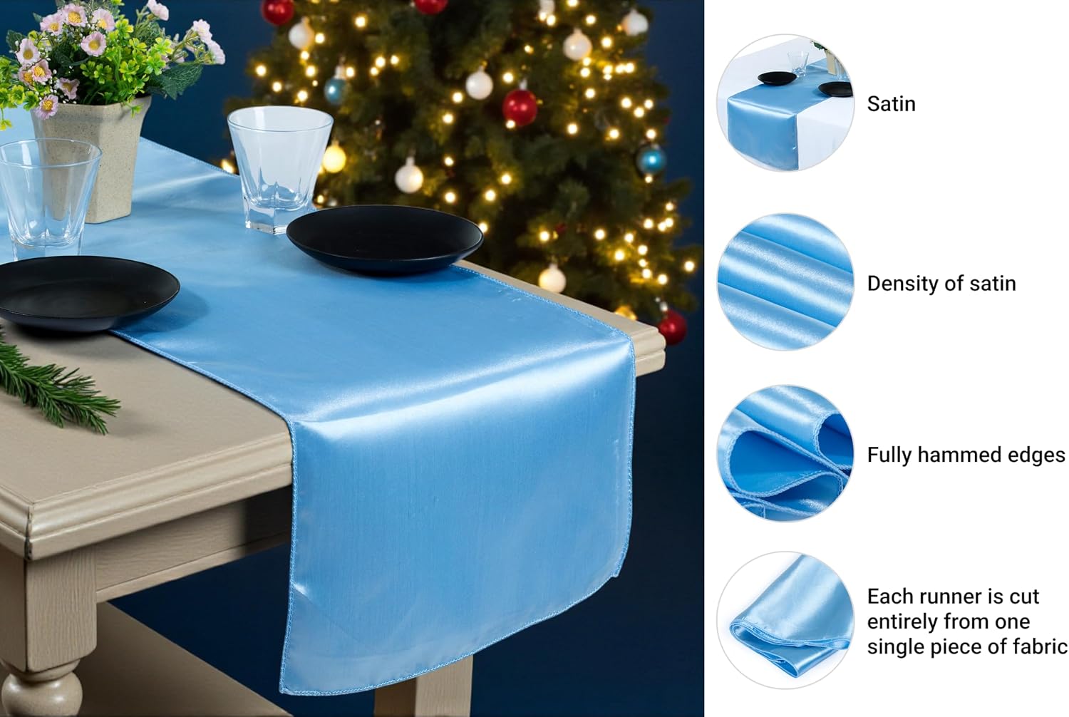 MDS 50 PCS Satin Table Runners 12 x 108 Inch Charmeuse Sateen Silk Table Runner for Indoor Outdoor Wedding Reception Birthday Graduation Party Event Banquet Dining Table Decoration - Baby Blue