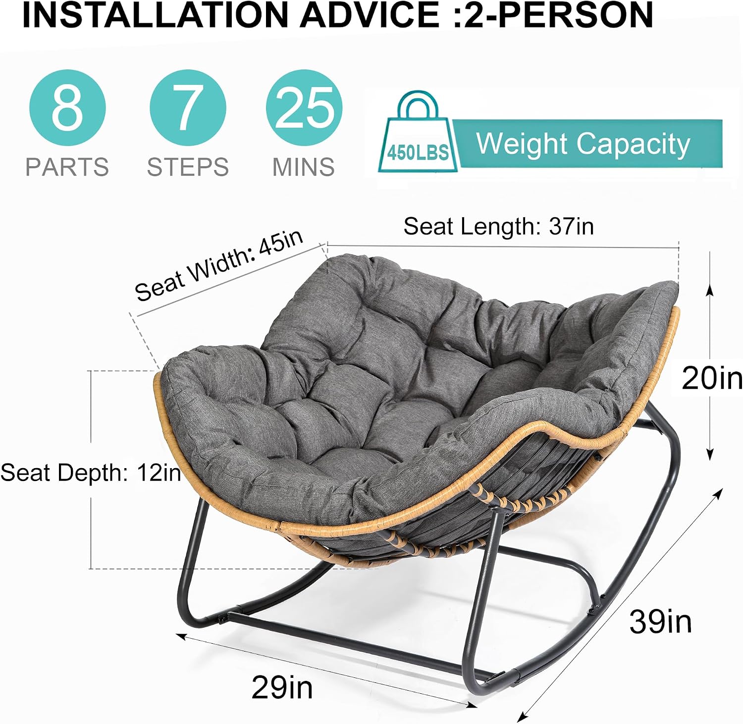 SWITTE Outdoor Rocking Chair, Indoor Papasan Rocking Lounge with Thick Cushion, Oversized Cozy Patio Rocker for Bedroom, Living Room, Porch, Garden, Lawn-Dark Grey