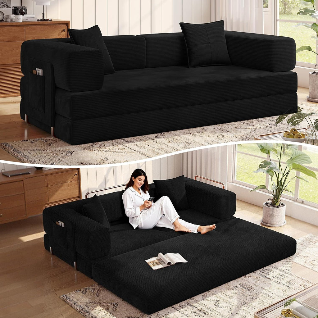 MoonSpeak 78.8''Sleeper Couch Bed for Livingroom,Convertible Modular Sofa with Armrest Pillow,Modular Foldable Corduroy Couches in a Box,No Assembly (Black)