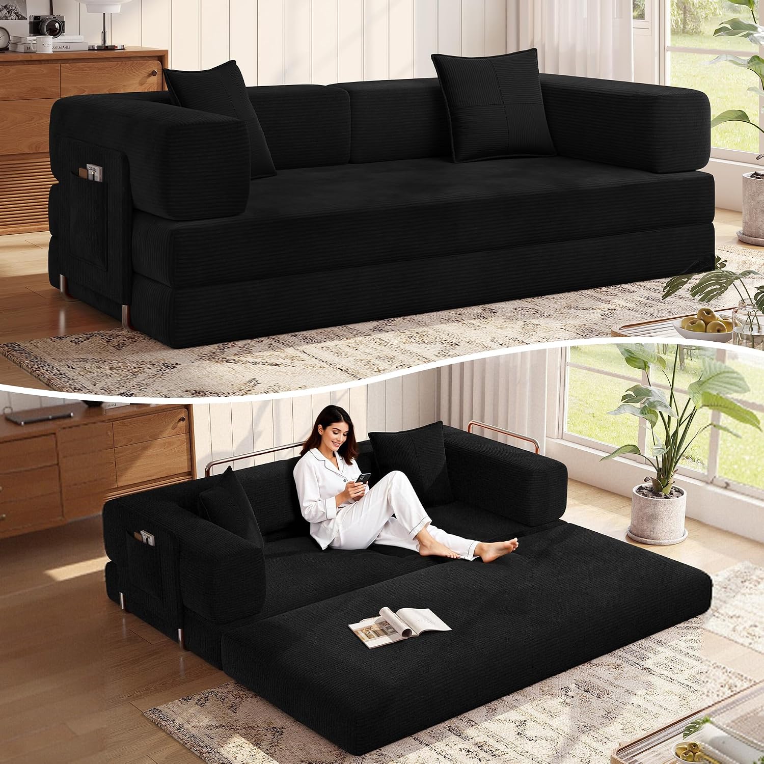 MoonSpeak 78.8''Sleeper Couch Bed for Livingroom,Convertible Modular Sofa with Armrest Pillow,Modular Foldable Corduroy Couches in a Box,No Assembly (Black)