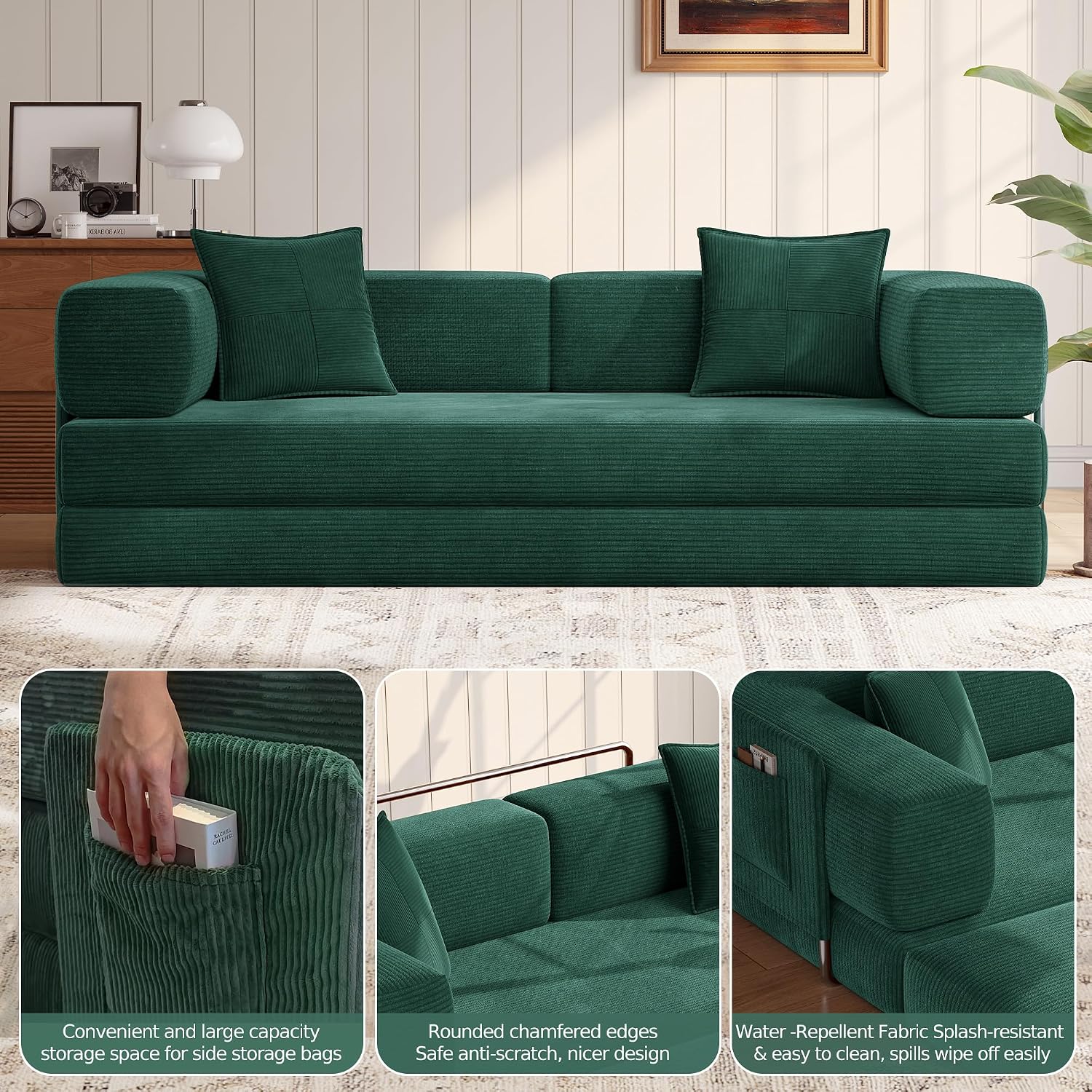 MoonSpeak 78.8''Sleeper Couch Bed for Livingroom,Convertible Modular Sofa with Armrest Pillow,Modular Foldable Corduroy Couches in a Box,No Assembly (Emerald Green)