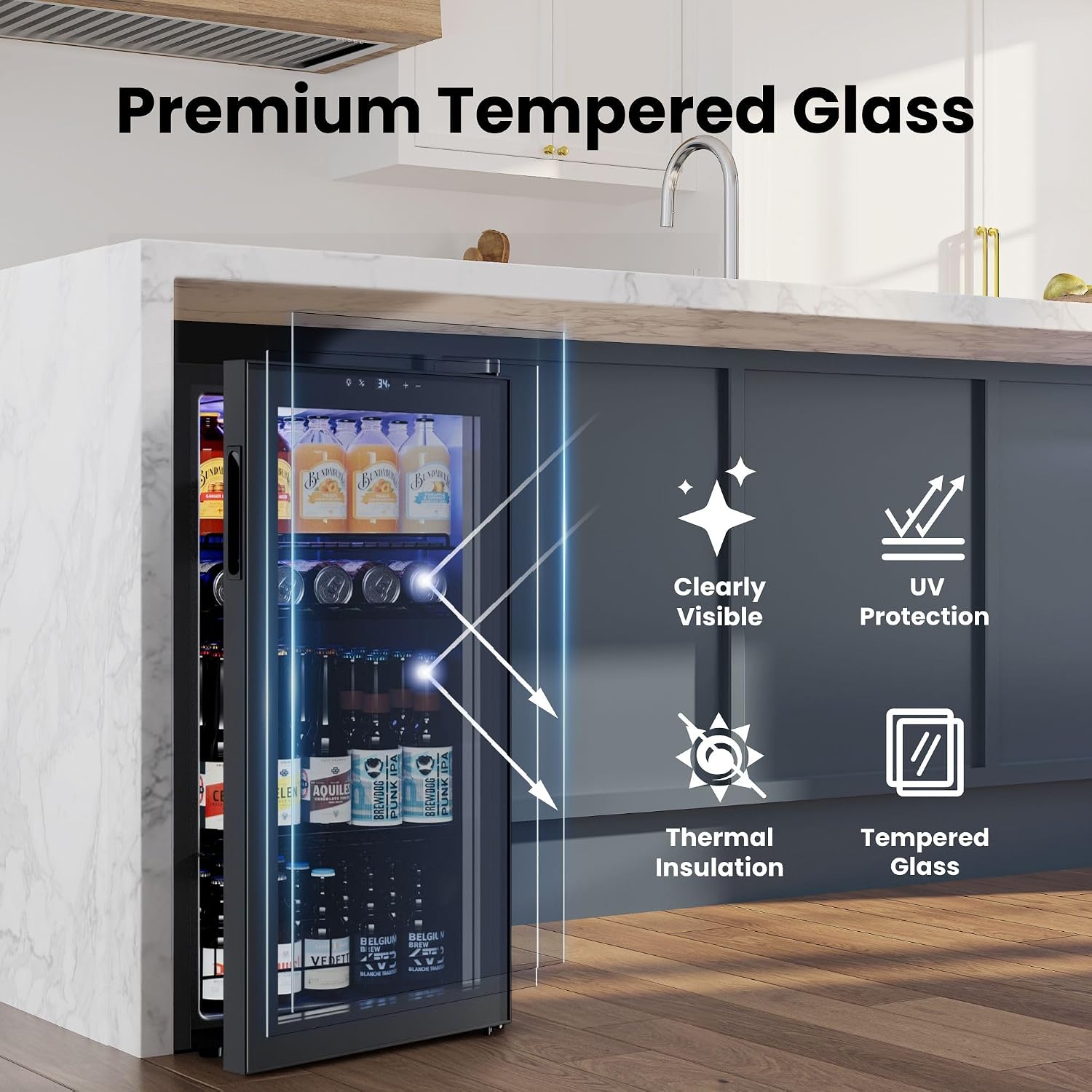 Yeego Beverage Refrigerator Cooler, 105-Can Mini Fridge with Glass Door, Adjustable Shelves, Digital Temperature Control for Soda, Beer, and Wine, Ideal for Home or Office