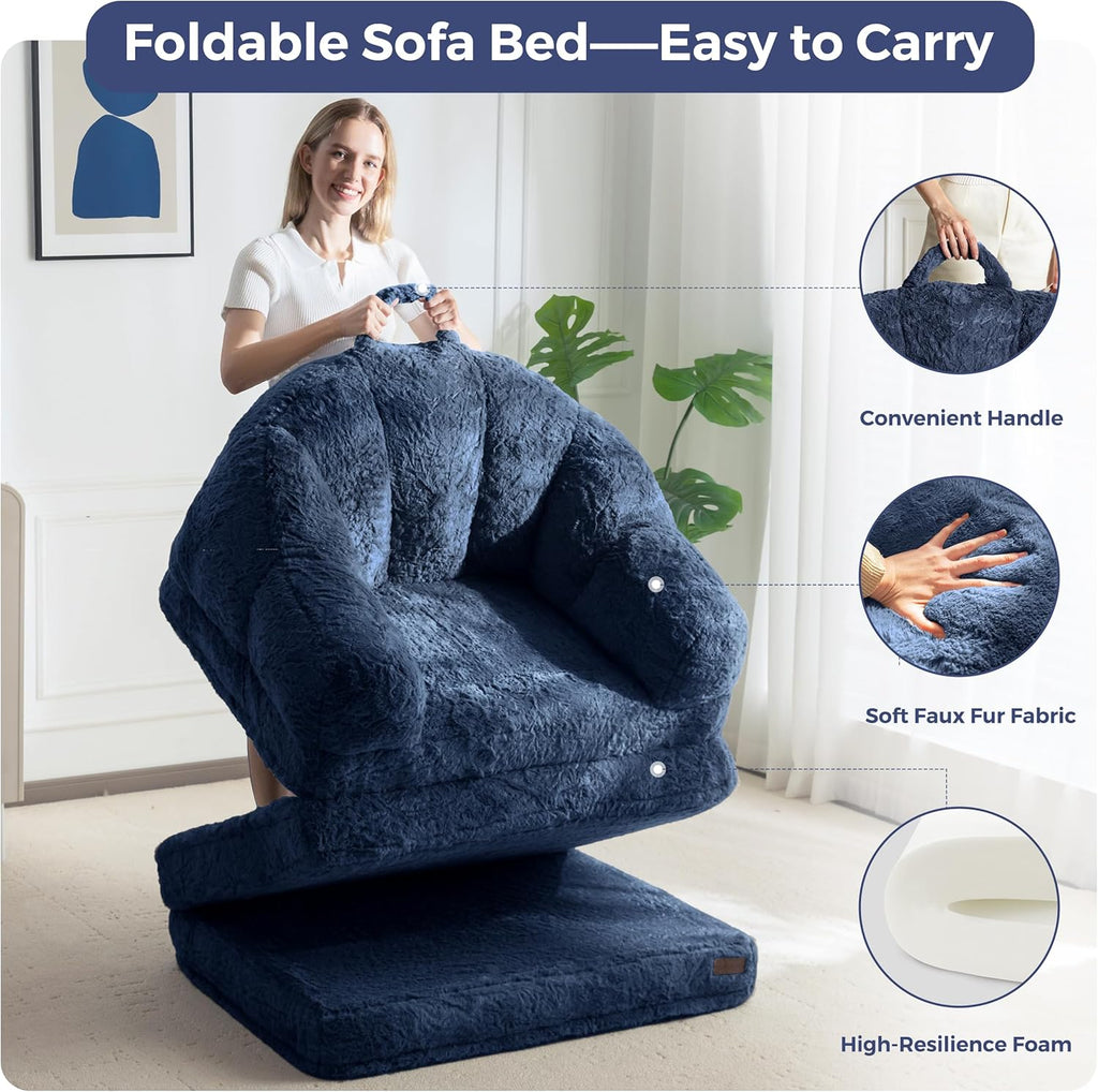 MAXYOYO Folding Sofa Bed, 2 in 1 Convertible Sofa to Lounger Comfy Single Bean Bag Chair for Adults, Floor Sleeper Couch with Handle, Faux Fur Couch Bed for Living Room Bedroom, Navy