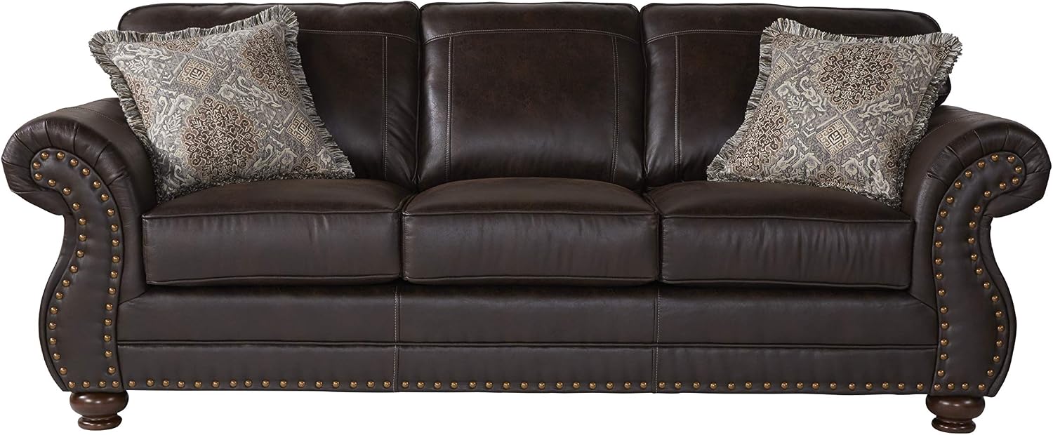 Leinster Faux Leather Sofa with Antique Bronze Nailheads in Espresso