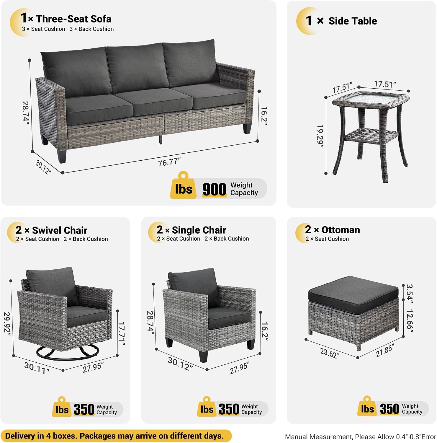 ovios 8 Pieces Patio Furniture Set, Outdoor Wicker Sofa Couch with Swivel Chairs, Rocking Glider Rocker with Comfy Cushions All Weather Rattan Conversation Set, Black