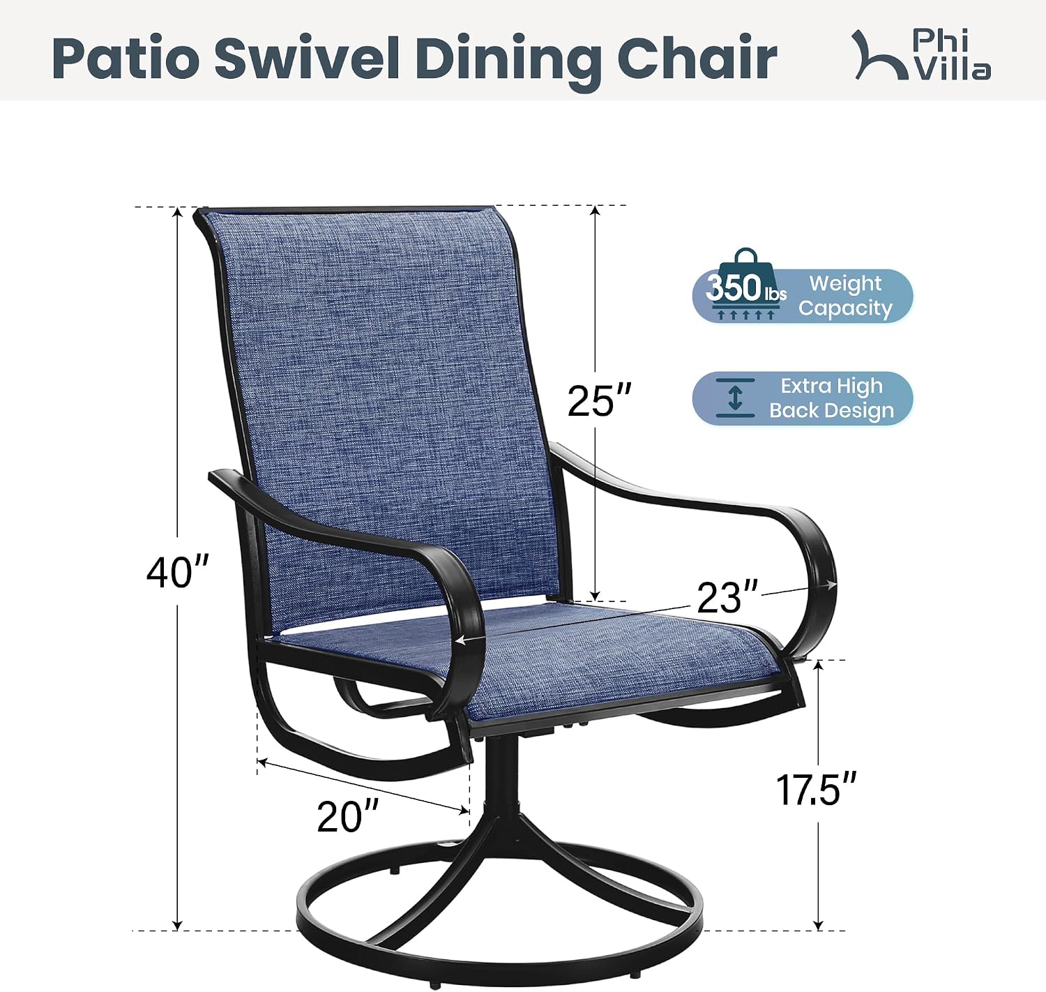PHI VILLA Patio Swivel Dining Chairs Set of 2, All Weather Outdoor Chair with Textilene Mesh Fabric & Black Metal Frame for Outdoor Lawn Garden Poolside (Blue)