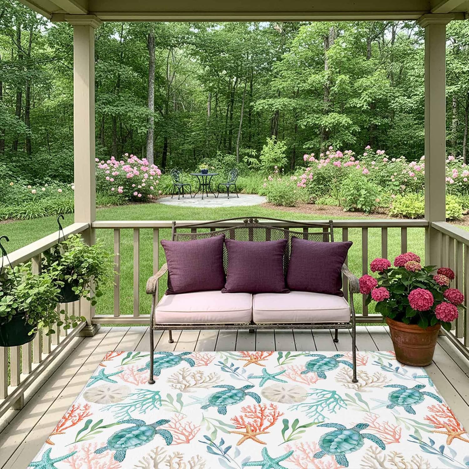 Teal Red Coastal Outdoor Rug for Patio/Deck/Porch, Non-Slip Large Area Rug 5 x 7 Ft, Beach Nautical Sea Turtle Coral Starfish Indoor Outdoor Rugs Washable Area Rugs, Camping Rug Carpet Runner