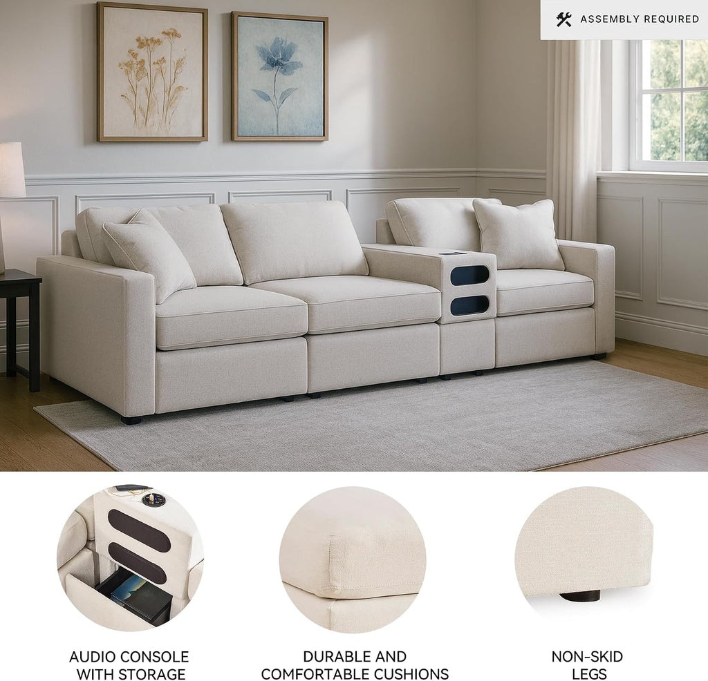 Signature Design by Ashley Modmax Coastal Modular Stain Resistant 4-Piece Sectional with Audio Console, Drawer, USB Ports and 2 Accent Pillows, Beige