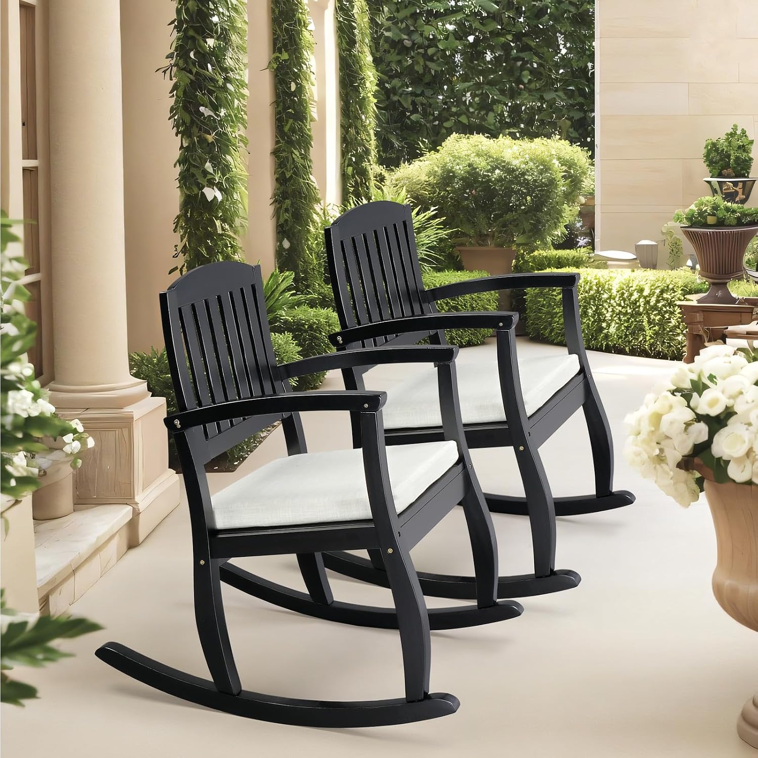 VINGLI Wooden Rocking Chair with Cushion,Outdoor Indoor Rocking Chair Supports Up to 450 lbs,Chair with Comfortable Backrest for Patio, Porch, Balcony (2, Black)
