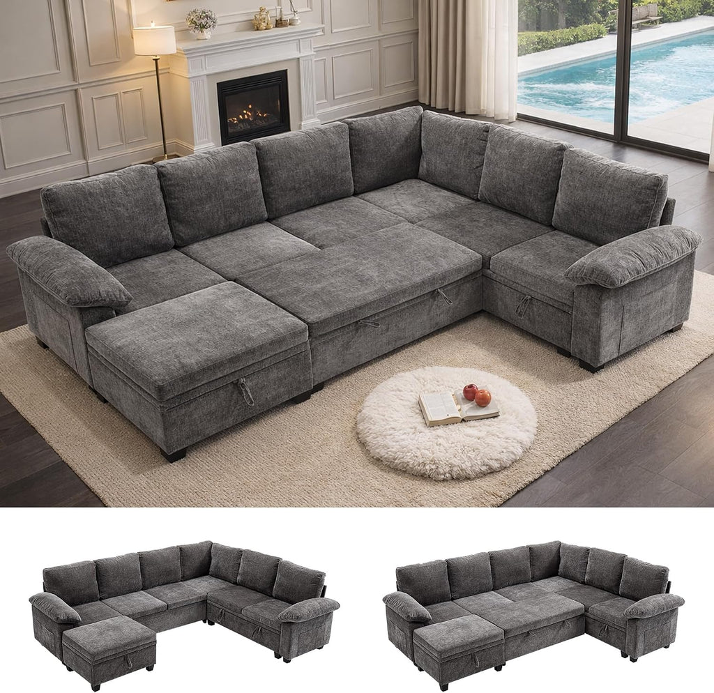 108 Inch Sectional Sleeper L Shaped Sofa with Pull Out Bed, Modular Sectional Sofa with Storage, Modern Chenille Cloud Couch, Sectional Couches for Living Room, Grey