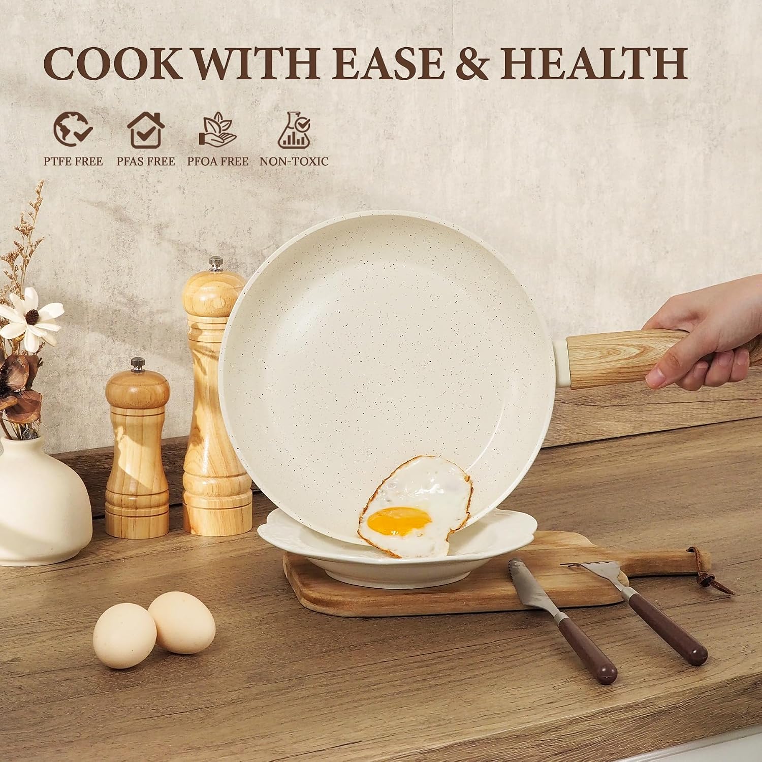26Pcs Pots and Pans Nonstick Ceramic Cookware Set Nontoxic Kitchen Cooking Set with Steamers Utensils Induction Compatible, PFAS/PFOA Free, Oven and Dishwasher Safe, Cream White