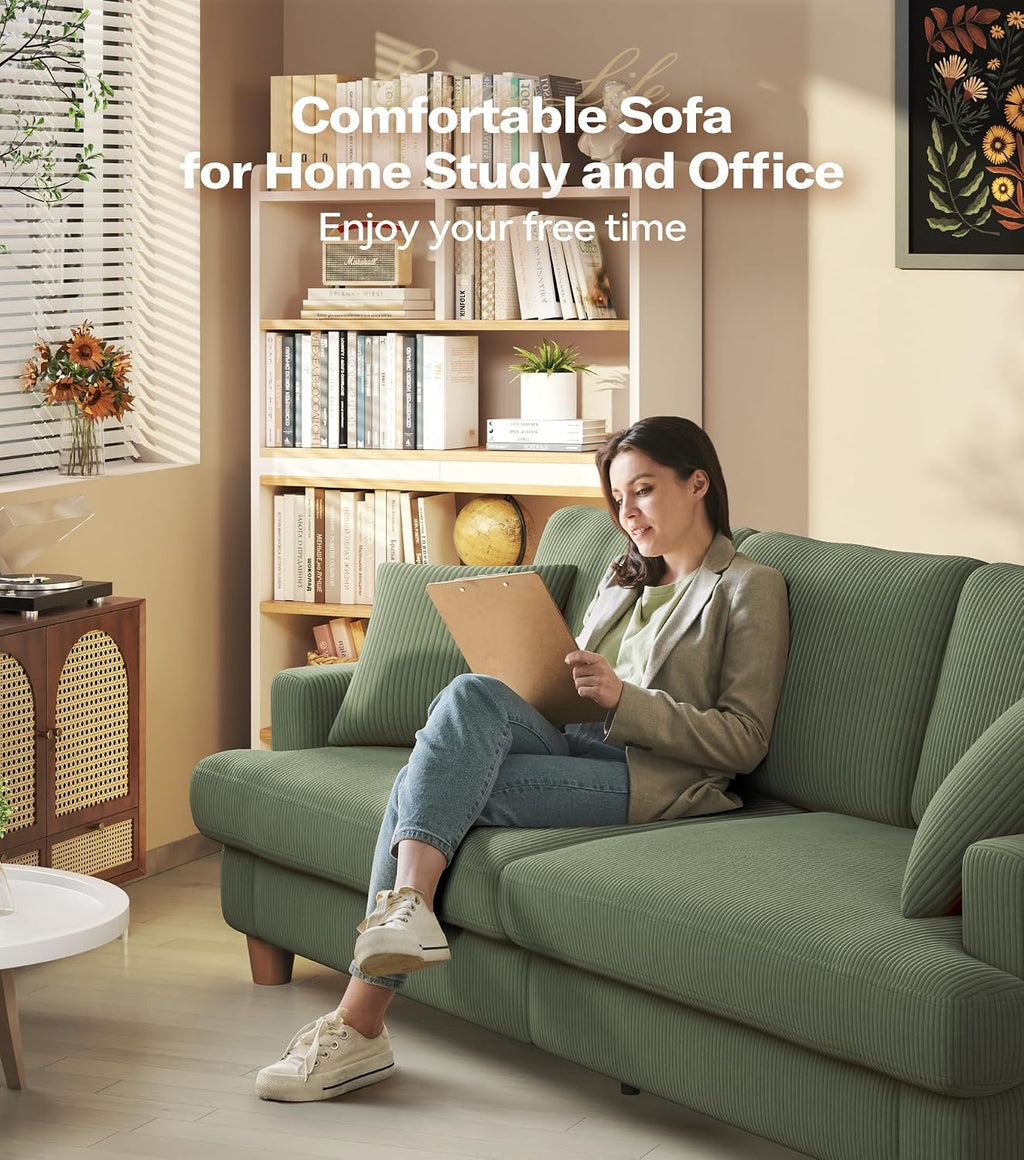 87in Corduroy Couch, Kidirect Sofa No Tool Assembly, Comfy Couches for Living Room 21in Deeper Seats, Corduroy Sofas for Living Room with 2 Pillows, Oversized Loveseat Sofa, Boho Love Seat Green Couch