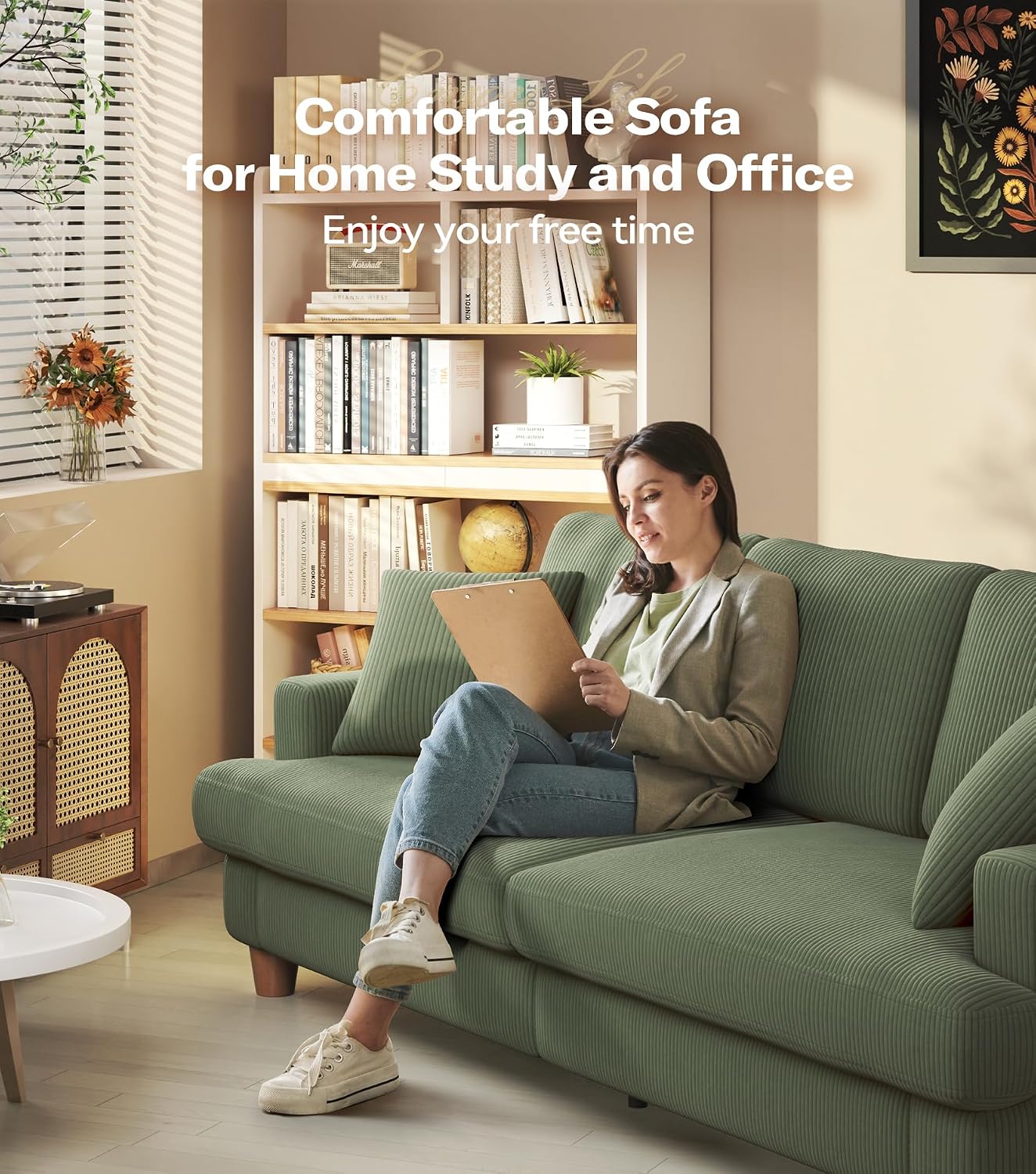 87in Corduroy Couch, Kidirect Sofa No Tool Assembly, Comfy Couches for Living Room 21in Deeper Seats, Corduroy Sofas for Living Room with 2 Pillows, Oversized Loveseat Sofa, Boho Love Seat Green Couch