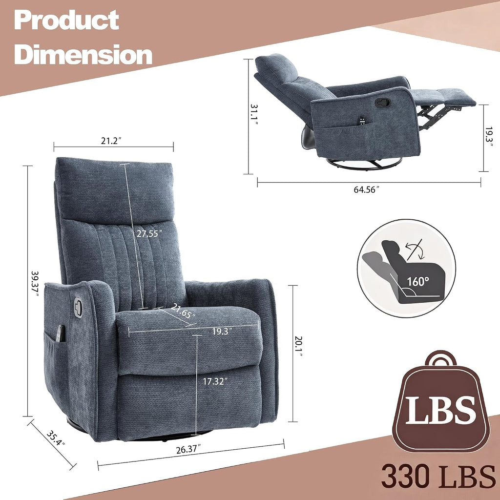 Casaphoria 360° Swivel Rocking Recliner Chair with Heat and Massage Upholstered Fabric Nursery Glider with Side Pocket for Living Room,Bedroom,Home Theater and RV Small Space(Blue)