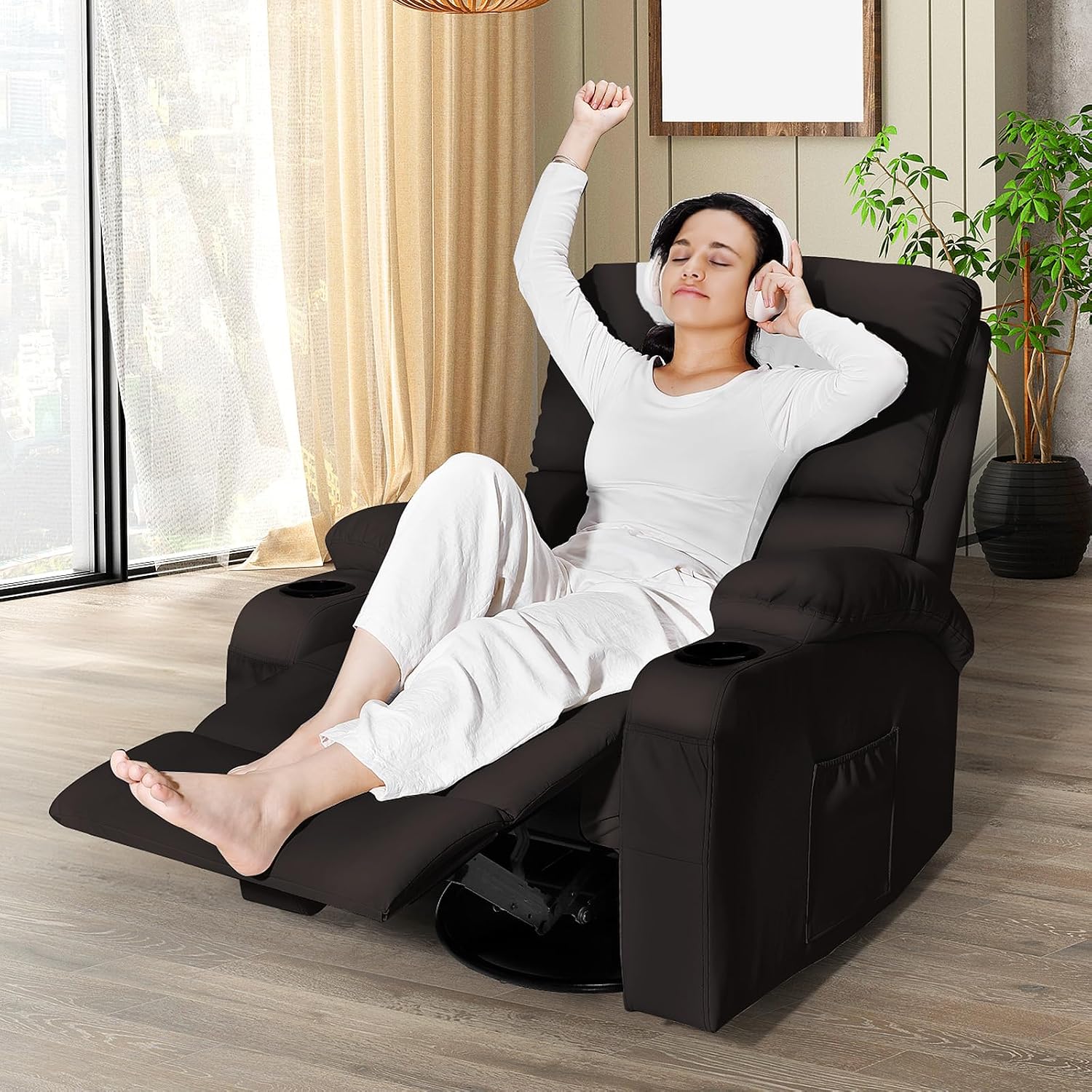 LEVELEVE Rocking Recliner Chair, Massage Rocker Recliner Chair with Vibration Massage and Heat, USB and Type-C Ports,360° Swivel Faux Leather Chairs, Living Room, Bedroom, Nursery, RV, Brown