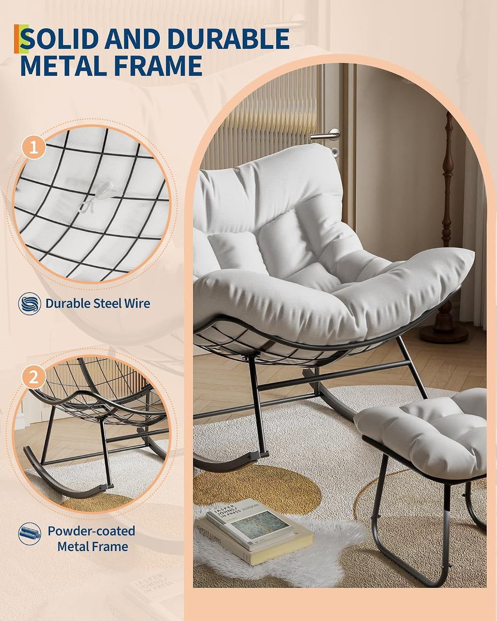 CuisinSmart Patio Rocking Chair, Outdoor Oversized Papasan Rocking Chair with Ottoman, 450lb Capacity, All-Weather PE Rattan Egg Rocker for Porch, Backyard, Balcony