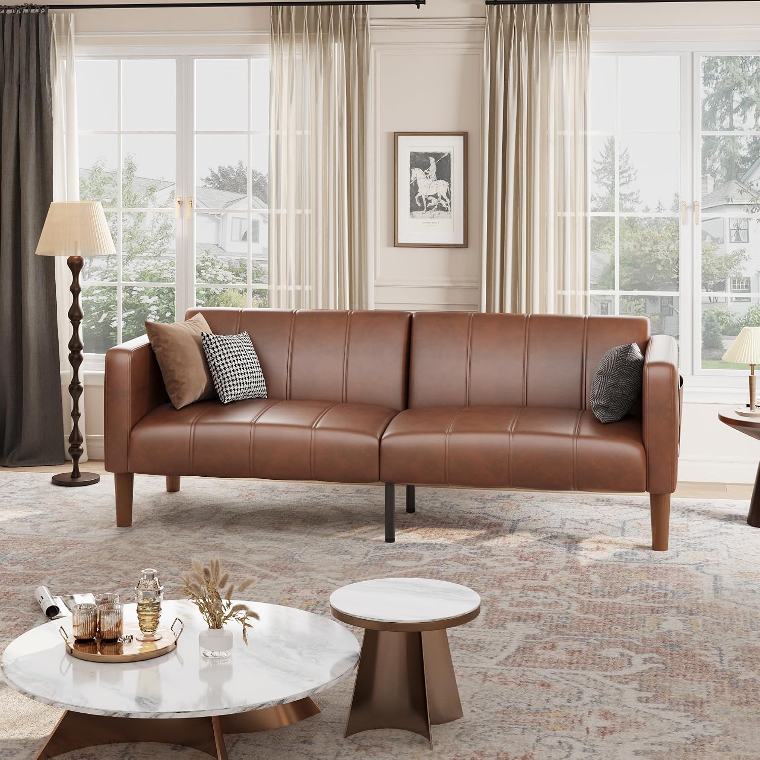 GarveeHome Futon Sofa Bed, 75-Inch Modern Faux Leather Convertible Couch, Mid-Century Loveseat for Small Space, Living Room, Bedroom, Brown