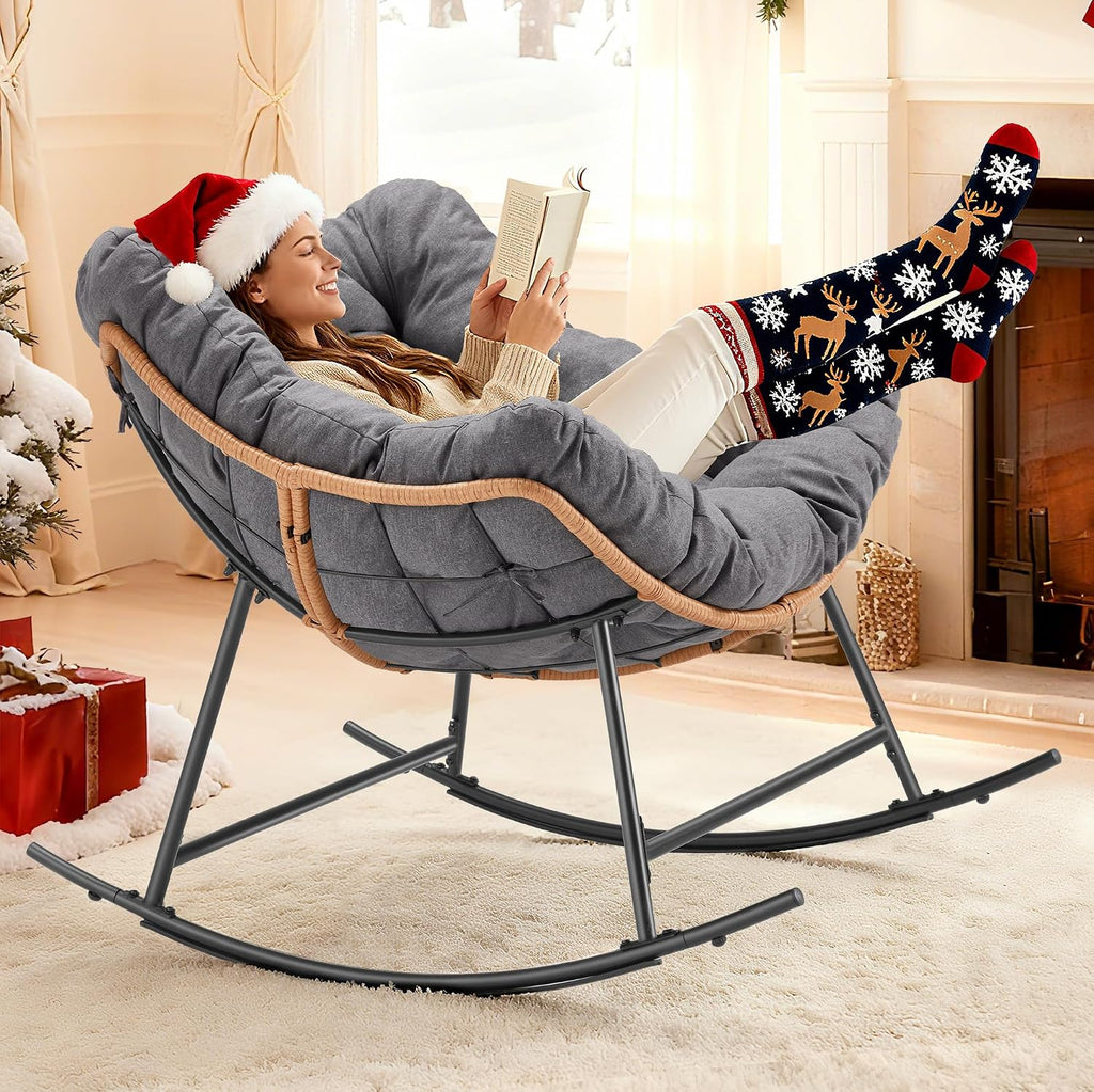 Outdoor Comfy Rocking Chair with Thick Cushion, Rattan Rocker Egg Chair Indoor with Straps, Patio Rocking Chair 450lbs for Garden, Backyard, Balcony, Lawn, Bedroom, Living Room (Dark Gray)