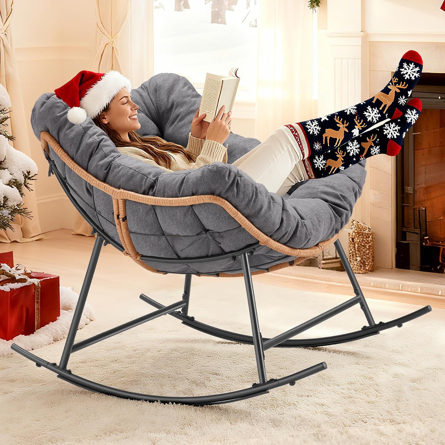Outdoor Comfy Rocking Chair with Thick Cushion, Rattan Rocker Egg Chair Indoor with Straps, Patio Rocking Chair 450lbs for Garden, Backyard, Balcony, Lawn, Bedroom, Living Room (Dark Gray)