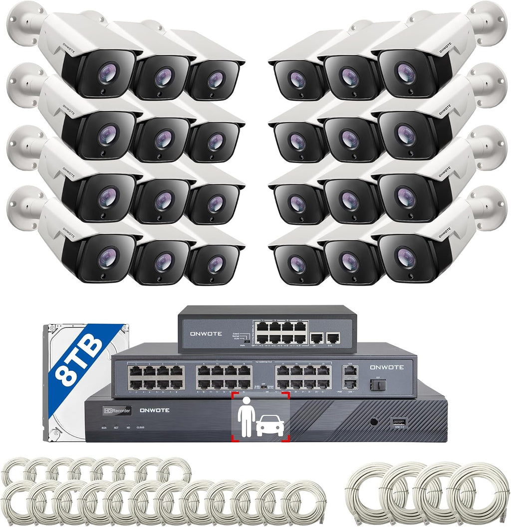 ONWOTE 32 Channel Security Camera System with 2280ft Cables, 12MP 32CH NVR 8TB, 32 Ports Switch, 24x 6MP Wired Audio PoE IP Cameras, AI Human Vehicle Detection, Commercial Surveillance for Business
