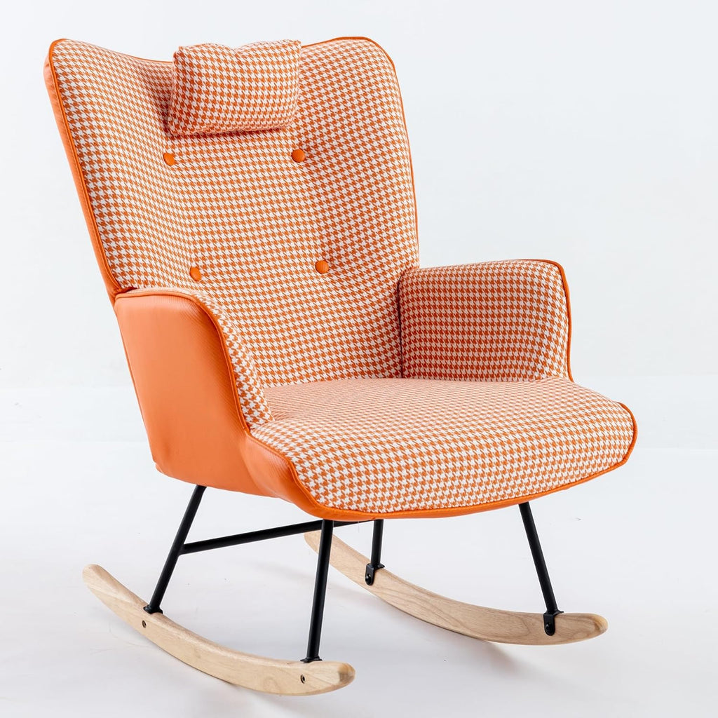 35.5' Nursery Rocking Chair Cotton Linen Upholstered Glider Chair with High Backrest Armchair for Living Room Bedroom Orange