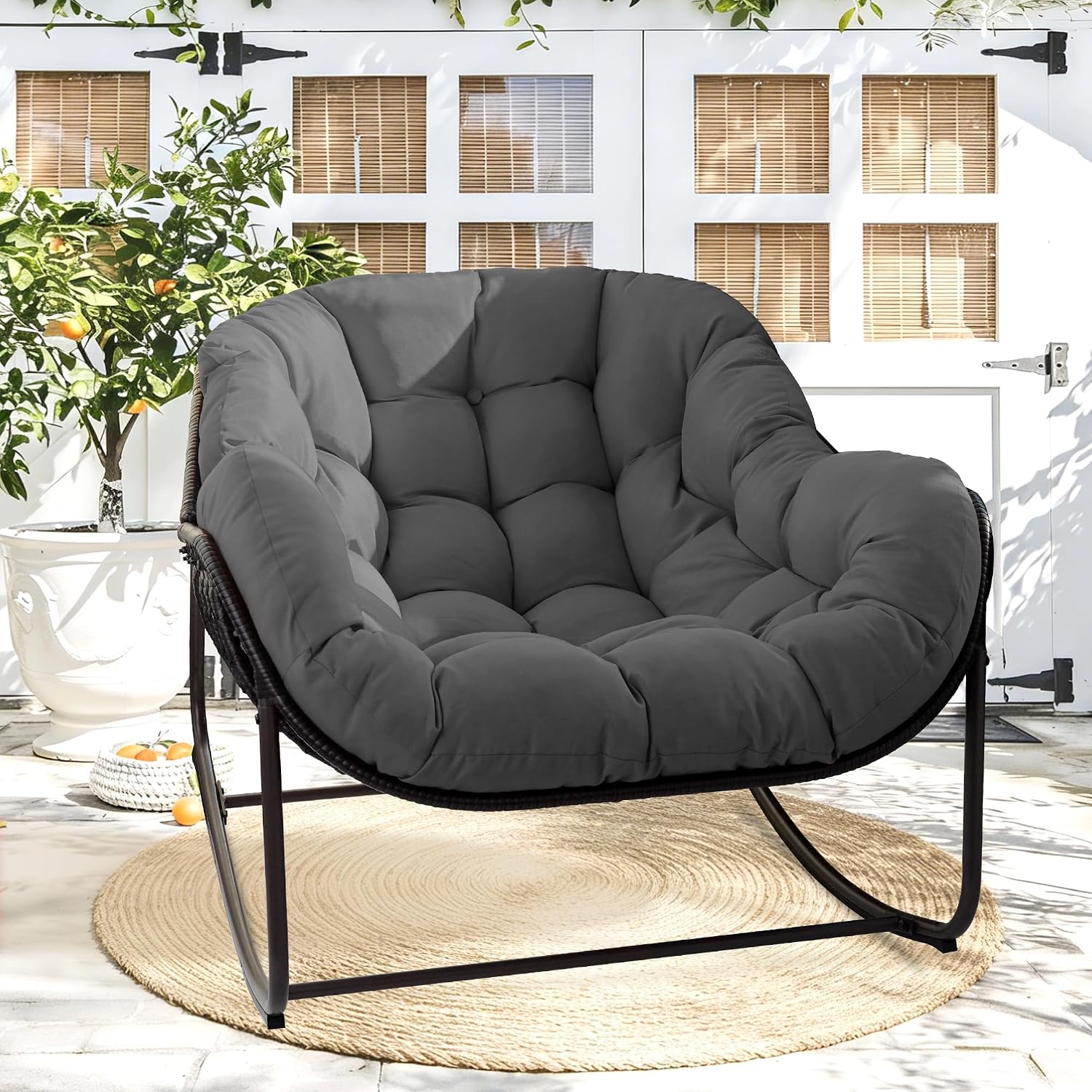 Papasan Rocking Chair Indoor & Outdoor, Oversized Egg-Shaped Papasan Rocker with Cushion & Pillow, All-Weather Wicker Patio Lounge Chair for Garden, Porch, Living Room (Gray)